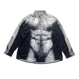 メンズカジュアルシャツ2024男性縞模様の勾配人体グレイルズファッションコットンシャツハイポケットロングスリーブサイズS M L XL＃741