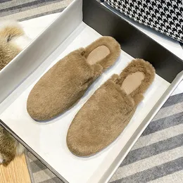 Fur Smooth Faux Slippers Women Home Outdoor Shoes Winter White Wool Slides Fluffy Rabbit mink Hair Mules Bedroom Pantufl