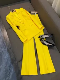 Women's Two Piece Pants All Season Lemon Yellow Office Lady Suit One Button Long Sleeve Blazer Flared Elegant Fashion Women Solid 2 Sets