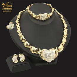 Wedding Jewelry Sets ANIID Dubai Gold Plated Necklace Set Bride Women Nigerian XOXO Heart Crystal Bracelets And Earrings Ring 231219