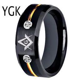 Band Rings Tungsten Carbide Vacuum Plating Black Golden Line med White Stones Mason Masonic Ring Anniversary Gift 231218