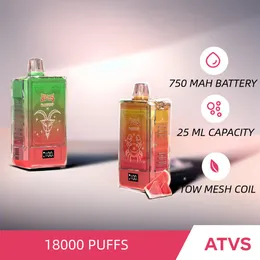 정통 원본 ATVS 군함 18000 일회용 vape 25ml 사전 채워진 증기 상자 750mAh 듀얼 메쉬 코일이있는 배터리 퍼프 5% vapes