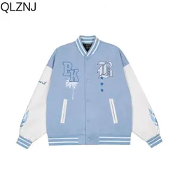 Giacche da uomo Bomber vintage Giacche college Uomo Y2K Giacca universitaria oversize a maniche lunghe Lettera Ricamo Cappotto universitario da baseball blu Top 231219