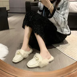 Plush Fur Long Women Rabbit Slippers Nature Warm Furry Shoes Square Toe Flat Heel Hair Slides 231219 5 ry