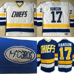Maglia Steve Hanson Charlestown n. 17, maglia da hockey su film Hanson Brother Slap Shot 100% cucita blu bianco 45