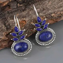 Dangle Chandelier Ethnic Round Lis Lazuli Earring Vintage Jewelry Metal Silver Color Carving Water Droplets Blue Stone Dangle Earrings for WomenL231219