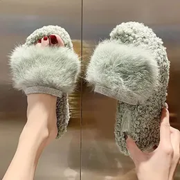 Rhinestones Rabbit Hair Slippers Slippers Wedges Pantufa Fur Muffins Shoes Women Flip Flops Cozy Furry Crystal Platform Slides 2 14 ry