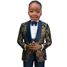 Conjunto de terno de 3 peças para menino com estampa floral dourada, incluindo blazer, colete, calças, vestido formal de aniversário para meninos, smoking elegante, roupa infantil para crianças de 3 a 14 anos