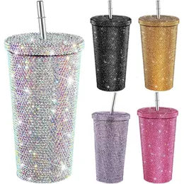 Wasserflaschen 2023 Edelstahl Doppelschicht-Thermosbecher Glitzerbecher Flasche Geschenk 500 ml Wiederverwendbarer Strohhalm mit Deckel 231218