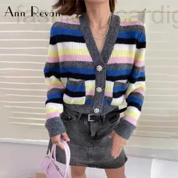여자 스웨터 디자이너 Ann Revan 줄무늬 g v- 넥 크리스탈 버클 장식 울 블렌드 니트 가디건 스웨터 재킷 다목적 여성 스타일 7TWB