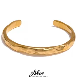 Bangle Yhpup Minimalist Gold Color Tarnish Free Fashion Stainless Steel Bracelet Metal Texture Simple Open Charm Wrist Jewelry 231219