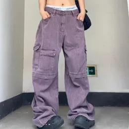 Jeans femininos Multipocket Roxo Cargo Jean's American Street Hiphop 2023 Baggy Cor Sólida Calças Retas Calças Casuais 231218