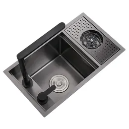 Pias pretas pequenas escondidas para cozinha, tigela única, barra de aço inoxidável 304, varanda escondida com lavadora de copos