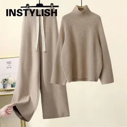 Pants Womens Two Piece Pants Women Sweater Suit Autumn Winter Turtleneck Knitting and Wide Leg Sets Elegant Loose Jumpers Oversized Pull