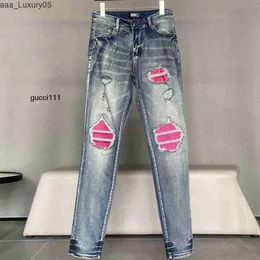 Buracos amari Marca amirl amirlies Vermelho am Moda amis imiri Patch amiiri Calças AM Designer es Roupas Plissadas es Jeans Old Denim Jeans Mens Stretch Slim Ins Leg Pa LXVF