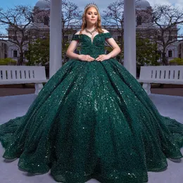 Verde esmeralda brilhante querida pageant quinceanera vestidos apliques rendas contas fora do ombro princesa festa doce 15 vestido de baile