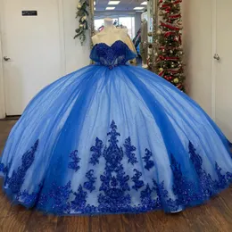 زرقاء كرة لامعة الأزرق فستان quinceanera فستان الدانتيل حبات الأميرة تول فيديسدوس دي 15 أنوس حفلة عيد ميلاد حلوة 16 فستان