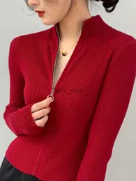 Suéteres femininos primavera outono com zíper cardigan feminino suéteres de malha manga comprida gola alta tops moda coreana suéter curto para mulheresL231213