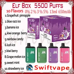 Original Elf Box 5500 Puff Disposable E Cigarett 650mAh Uppladdningsbart batteri 10 smaker 13 ml 0% 2% 3% 5% 5,5K PULDS VAPES PEN STARTER Kit Autentisk grossist