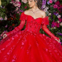 Red Quinceanera 드레스 구슬 파티 우아함에서 우아한 어깨 저녁 저녁 무도회 드레스 여성 튤 아플리케 레이스 볼 가운