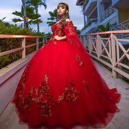 Rode Glanzende Quinceanera Jurken voor 15 Jaar Baljurk Uit de Schouder 3DFlower Applique Kralen Sweet 16 Lange Prom Party Gown 2024