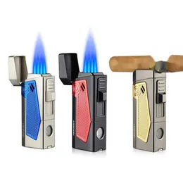 HONEST Windproof Cigar Lighter With Puncher Holder Needle Portable 4 Jet Flame Multifunction Refillable Smoking Accessories