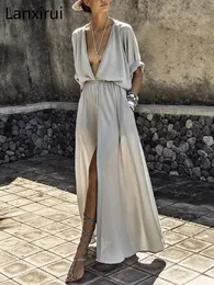 Dress Women Sexy Dress Deep V Neck Elastic Waist Plain Split Dress Solid Chiffon Maxi Dress Ladies Beach Party Dress Drop shipping