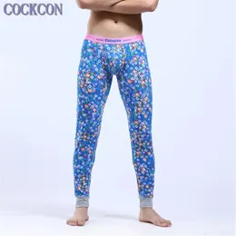 Pijamas cockcon masculino macio longo johns calças térmicas algodão padrão impresso roupa interior 529