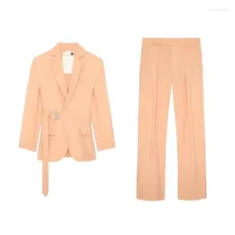 Kvinnors tvåbitar byxor Spring Autumn Chic Elegant Two-Piece Metal Belt Blazer veckad Design Wide Leg Trousers Office Pendling Fashion2023