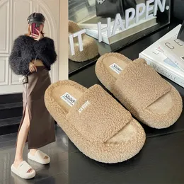 Slippers Warm plush slider women's slider flat shoes fluffy fur women's shoes solid letter middle boots platform fur slider shoes 231219