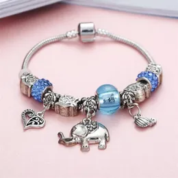 Pulseras con dijes Pulsera de cristal para mujer Aleación Lindo color plateado Encantos Elefante Forma de corazón Colgante Braclets con cuentas Joyería Pul2141