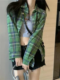 여성용 블라우스 Plamtee Green Plaid Shirt 여성 빈티지 느슨한 풀 소매 사무실 레이디 2023 All Match Autumn Daily Work Wear Casual