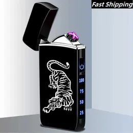 Metal Electric Windproof Lighter Dual Arc Pulse Flameless Plasma USB Charging Touch Sensing Digital Power Display