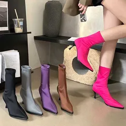 Primavera otoño elegante sexy tejido elástico cosido botines para mujer puntiagudos botas de tacón alto vestido de novia 230922