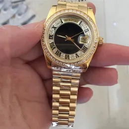 Męskie ogląda nowe złote 18k złotych mężczyzn automatyczny zegarek pełna diamentowa twarz Sapphire Solid Pasek 36mm298e