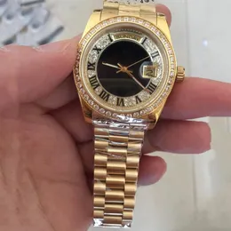 MENS tittar på nya gyllene 18k guldmän automatisk titta på full diamant ansikte safir solid rem 36mm298e