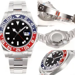 남자 시계 GMT 왼손 스프라이트 링 블랙 다이얼 40mm 스테인리스 스틸 904L 라운드 타임 마크 글로우 자동 움직임 기계적 시계 Montre de Luxe Gift Watch LB