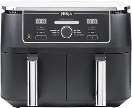 Ninja Foodi MAX Двухзонная цифровая фритюрница, 2 ящика, 9,5 л, 6-в-1, без масла, жарка на воздухе, максимальная хрустящая корочка, жарка, запекание, разогрев, обезвоживание, приготовление 8 порций, антипригарные корзины, которые можно мыть в посудомоечной машине