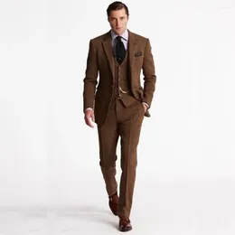 Costumes pour hommes formel marron 3 pièces veste pantalon gilet Blazer revers cranté simple boutonnage Ropa Hombre coupe ajustée ensemble de tenue d'affaires