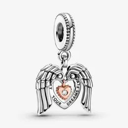 100 ٪ 925 Sterling Silver Angel Wings Heart Dangle Charms تناسب سوار السحر الأوروبي الأصلي