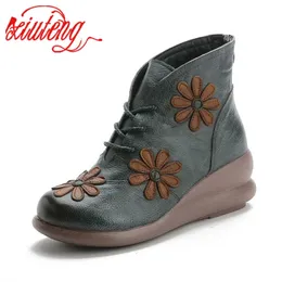 Stövlar xiuteng rund tå 100% äkta läder kilhäl ankelstövlar för kvinnor vinter varma skor kvinnor plattform stövlar med blomma 231219