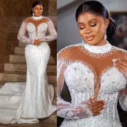 Luxurious Plus Size Aso Ebi Wedding Dresses Mermaid High Neck Long Sleeves Elegant Bridal Gowns for African Black Women Lace Dress for Brides Illusion Gown D070