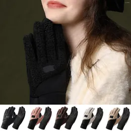 Berets Womens Autumn Winter Color Block Thickened Gloves Teddy Fleece Cycling Anti Slip Touchscreen Mittens Guantes Invierno Hombre