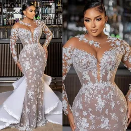 Aso Plus Size Ebi Wedding Dresses Mermaid Elegant Long Sleeves Sheer Neck Lace Beaded Dress for African Black Women with Detachable Train Bridal Gowns CDW061