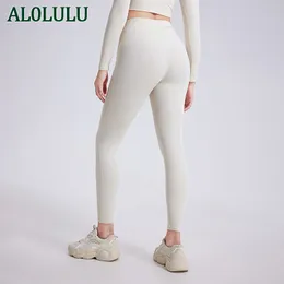 Al0lulu med logotyp hög midja yogabyxor tätt löpande byxor fitness slitage byxor