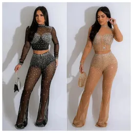 Women's Two Piece Pants Elegant Sexy 2 Piece Sets Women Winter Fall Clothes Club Party Bodycon Crop Rhinestone Tops Two Piece Pant Sets Tracksuits 231219