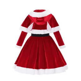 Sukienki dziewczynki świąteczne sukienka dziewczyna na imprezę 2 -częściową sukienkę+Cloak Cute Bunny uszy czerwony aksamitny kostium Świętego Mikołaja