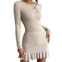 Casual Dresses Solid Knitted For Women 2024 Plus Size With Leaf Hem Round Neck Fit Midi Sweater Female Dress Teens Vestidos