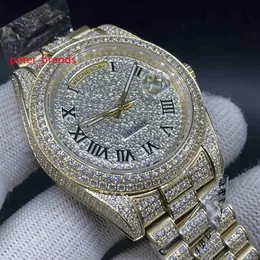 NEU LUXURY 40mm Watch hohe Qualität Full Diamond Band Automatic Herren Uhren Modegelbgold 904 Edelstahl Hülle SID228V