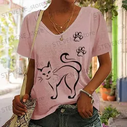 女性のTシャツ新しい夏のレディースTシャツ半袖トップ子猫グラフィックvネック特大の衣料品女子ストリートウェアレディースシャツティー2023 T231220